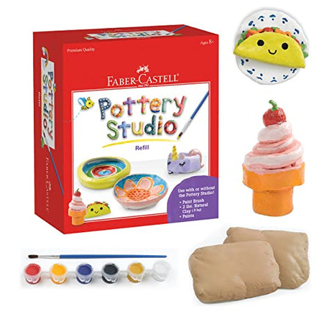 Faber-Castell Pottery Studio Refill Kit - 2 lbs. of Natural Air-Dry Pottery Clay, 6 Paint Pots and Paintbrush, Clay Making Kit for Kids Faber-Castell