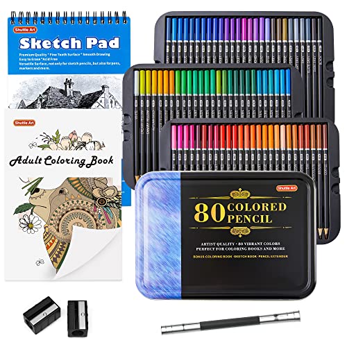 80 Colored Pencils, Shuttle Art Soft Core Coloring Pencils with Coloring Book, Sketch Pad and Sharpener, Premium Color Pencils for Adult Coloring,