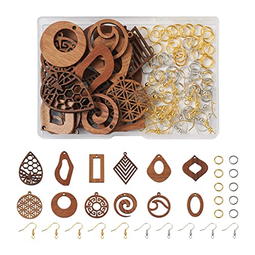 FASHEWELRY 24Pcs Natural Filigree Wood Earring Charms Blank Flat Round Teardrop Oval Walnut Wooden Pendants with 120pcs Earring Hooks Jump Rings for