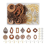 FASHEWELRY 24Pcs Natural Filigree Wood Earring Charms Blank Flat Round Teardrop Oval Walnut Wooden Pendants with 120pcs Earring Hooks Jump Rings for FASHEWELRY