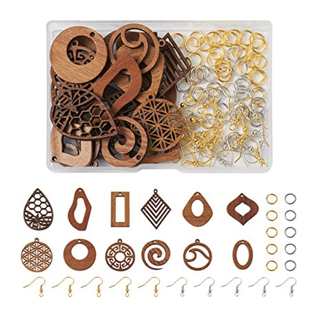 FASHEWELRY 24Pcs Natural Filigree Wood Earring Charms Blank Flat Round Teardrop Oval Walnut Wooden Pendants with 120pcs Earring Hooks Jump Rings for FASHEWELRY