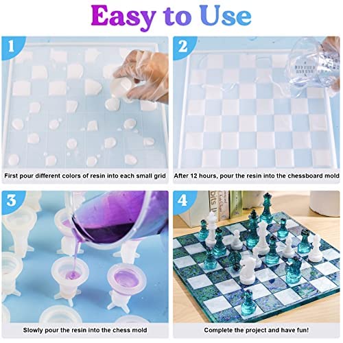 LET'S RESIN Chess Molds for Resin Casting, Upgraded Resin Chess Set Mold with 16 Piece 3D Full Size Chess Checkers & Chess Board Epoxy Silicone Resin LET'S RESIN
