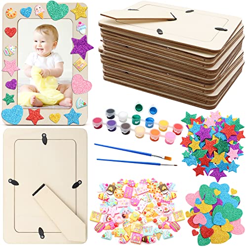 12 Packs Picture Frame Painting Craft Kit, ZYNERY 7.5 x 5.5 inch DIY Unfinished Wooden Photo Frames with Painting Tools Set, Hearts Stars Eva Sticke,