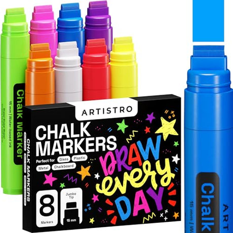 ARTISTRO 8 Colored Jumbo Chalk Markers - 15mm Neon Erasable Window Markers for Cars Chalkboard Blackboard Glass Bistro - Easy to Erase Chalk Pens ARTISTRO