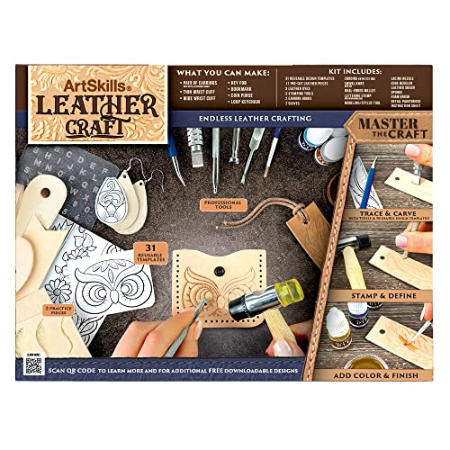 ArtSkills Leather Working Kit for Beginners with Leather Tools, Dyes, and Leather Stamps, Leather Crafting Kits for Adults & Teens, 64 pc - WoodArtSupply