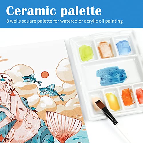  Falling in Art Artist Ceramic Palette, 8 Well Rectangle  Porcelain Watercolor Paint Palette for Watercolor Gouache Acrylic Oil  Painting, 7-Inch