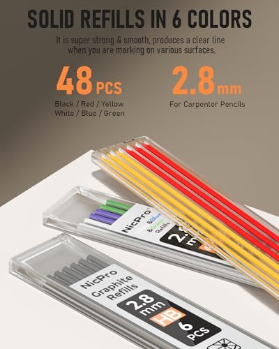 Nicpro 6 Pack Carpenter Pencil with Sharpener,Mechanical Pencils Set 54PCS Refills(Black,Red,Yellow,Blue,Green,White) Deep Hole Marker Construction Nicpro
