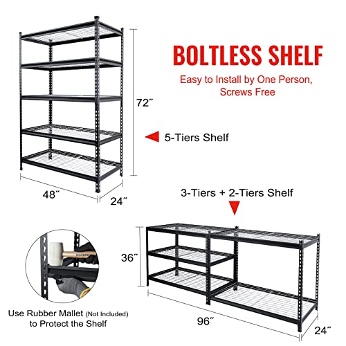 WORKPRO 5-Tier Metal Shelving Unit, 48”W x 24”D x 72”H, Heavy Duty Adjustable Storage Rack, 4000 lbs Load Capacity (Total), for Garage, Basement, - WoodArtSupply