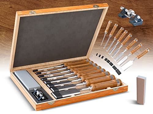 WRKSHP Wood Chisel Set (8 pcs) with Premium Wooden Storage Case, Sharpening Stone, Honing Guide & Protective Caps - Wood Chisels for Woodworking - WoodArtSupply