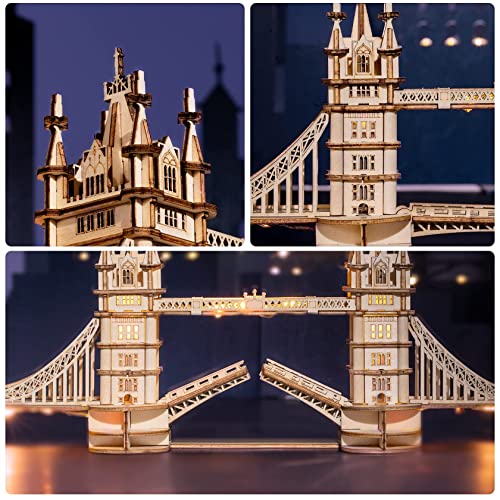 ROBOTIME 3D Puzzle Wooden Craft Kits with LED Light DIY Tower Bridge Construction Model Kit to Build for Teens Brain Teaser Puzzle Home Decor