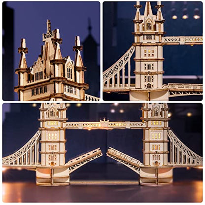 ROBOTIME 3D Puzzle Wooden Craft Kits with LED Light DIY Tower Bridge Construction Model Kit to Build for Teens Brain Teaser Puzzle Home Decor