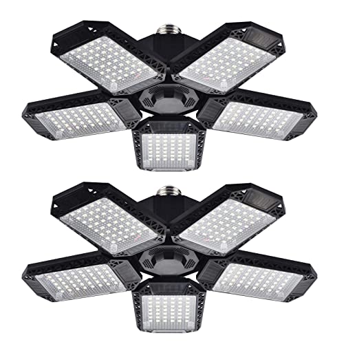 Mefflypee 2 Pack LED Garage Lights, 120W Deformable LED Garage Ceiling Lights with 5 Adjustable Panels, 12000LM E26 LED Shop Lights for Garage, Mefflypee