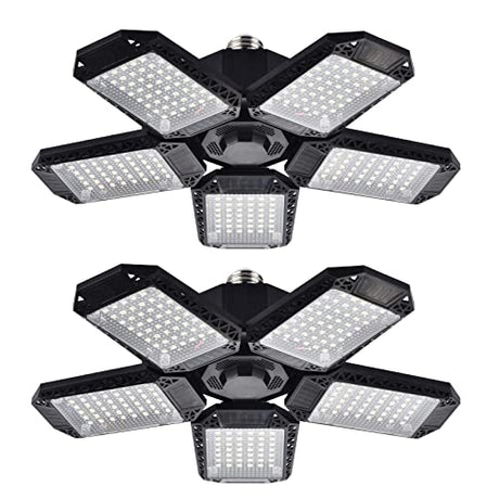 Mefflypee 2 Pack LED Garage Lights, 120W Deformable LED Garage Ceiling Lights with 5 Adjustable Panels, 12000LM E26 LED Shop Lights for Garage, Mefflypee