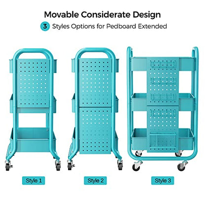 DESIGNA 3-Tier Utility Storage Rolling Cart with Removable Pegboard & Extra Storage Baskets Hooks, Metal Craft Art Carts for Gift Home Office, Teal