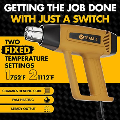 Team Z 1800W Heat Gun Kit-Fixed Dual Temp 752℉&1112℉ Hot Air Gun, Hands-Free Operation Heating Gun for Vinyl Wrap, 4 Nozzles Included, Great for - WoodArtSupply