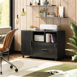 DEVAISE Office File Cabinet with Lock, 1-Drawer Wood Lateral Filing Cabinet on Wheels, Printer Stand with Open Storage Shelves for Home Office, Black DEVAISE