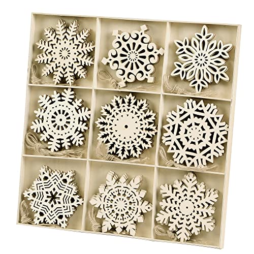 Sggvecsy Unfinished Wooden Snowflakes Ornaments, 36Pcs Christmas Tree Hanging Decoration Wood Cutouts DIY Craft Snowflake Shaped Embellishments Xmas