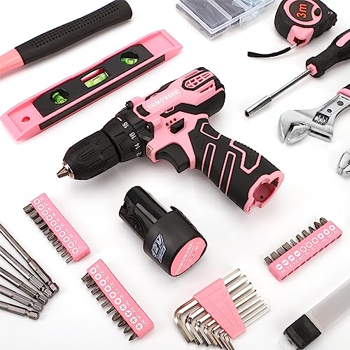 COMOWARE 12V Pink Cordless Drill Driver and Home Tool Kit, Pink Drill Set for Women, Lady's Home Repairing Tool Kit with Power Drill, Large-Capacity COMOWARE