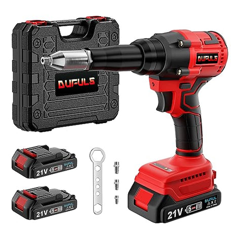 Dufuls Cordless Rivet Gun, Electric Rivet Gun Kit with 2PCS Battery and Charger, Brushless Blind Riveter Tool Kit for 1/8", 5/32", 3/16" Rivets Dufuls