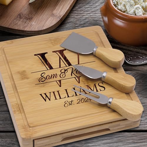 Customized Cheese Cutting Board and Serving Tray and Knife Tools Set - Custom Personalized for Couples, Weddings, Housewarming, Anniversary - WoodArtSupply