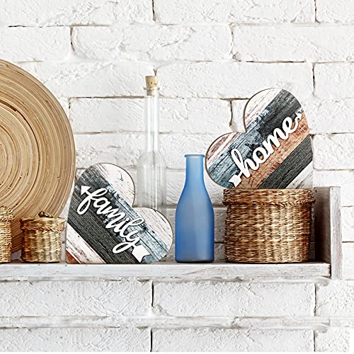 Jetec 2 Pcs Rustic Wood Home Sign Farmhouse Love Wooden Heart Shaped Table Centerpiece Valentines Day Decoration for Home Kitchen Living Room Dining - WoodArtSupply