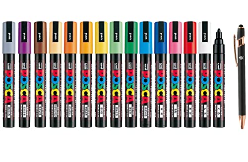 Uni Paint Marker Poster Color 15 Marking Pen Medium Point PC-5M Standard Color Set With Original Stylus Ballpoint Touch Pen - WoodArtSupply