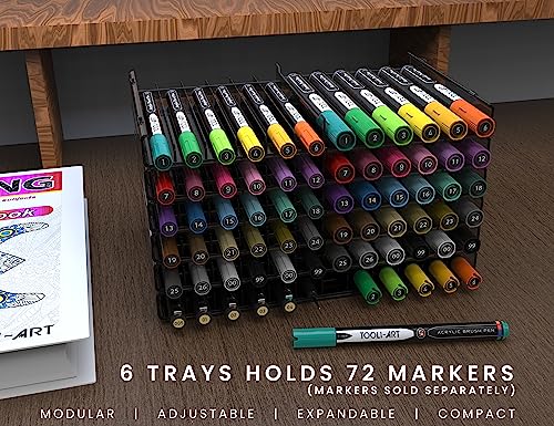 TOOLI-ART 72 Art Marker Storage Tray Desk Organizer Holder, Adjustable Dividers, Modular, Expandable, Stackable, Fit Most Pen, Pencil, Brushes. TOOLI-ART