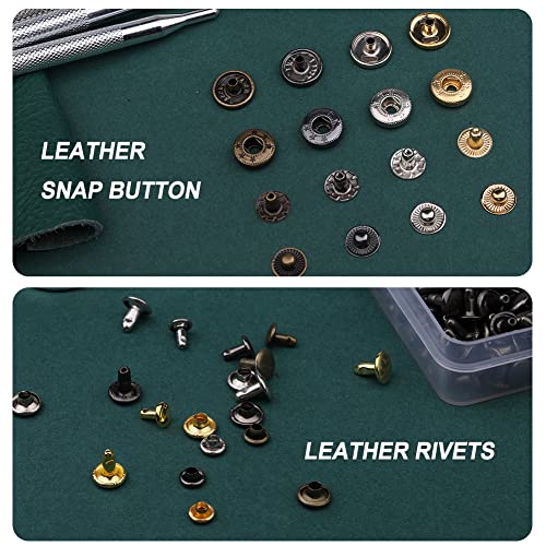 Yizzvb 320 Pcs Leather Rivets Kit, 60 Pcs Leather Snap Fasteners, 2 Size Leather Rivets Double Cap Rivet Kit, Double-Sided Nylon Hammer, 5 Pcs Yizzvb