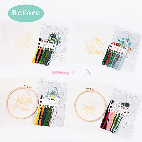 REEWISLY 4 pcs of Embroidery Starter kit with Patterns and Instructions, DIY Adult Beginner Cross Stitch Kits, Including 2 Plastic Embroidery Rings, REEWISLY