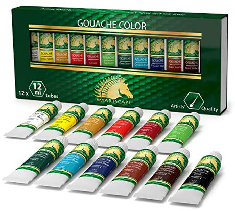 MyArtscape Gouache Paint Set - 12 x 12ml Tubes - Artist Quality - Lightfast - Premium Vibrant Colors - Fade-proof - Rewettable - High Pigment Load - MyArtscape