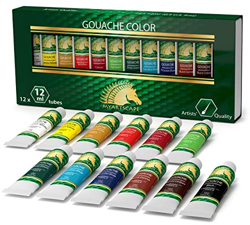 MyArtscape Supplies Paint Set - Gouache 12 x 12ml Paint Tubes with Pocket Paint Brush Set - 7 Artists' Paintbrushes - Set 1 MyArtscape