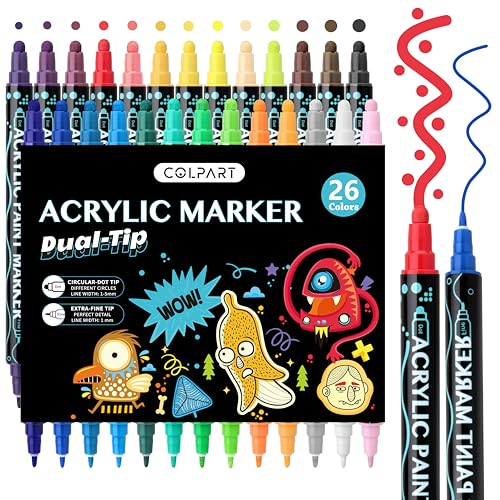 colpart 26 Colors Dual Tip Acrylic Paint Pens Markers，Premium Acrylic Paint Pens for Rock Painting Wood Canvas Plastic Metal Stone, Christmas Gift