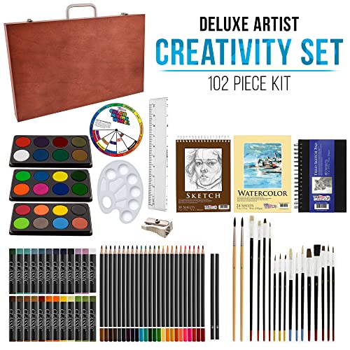 Art 101 Deluxe Multifunctional Art Set / Kit with 215 Pieces in Wood Case  for Children to Adults