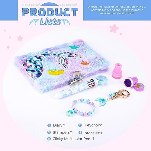 homicozy Mermaid Diary for Girls with Lock and Keys,Tie-Dye Fuzzy Journal for Kids with 160 Lined Pages,Fluffy Secret Notebook for Writing and homicozy
