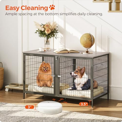 MAHANCRIS Dog Crate Furniture for 2 Dogs, 43.3" Dog Kennel with Removable Divider, Heavy Duty Wooden Dog Kennel for Small Medium Dog, Indoor Dog Cage - WoodArtSupply