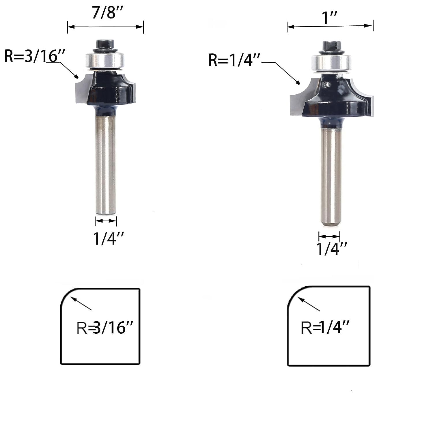 SICWOOD 6pcs Roundover Router Bit Set - Round Over Router Bits 1/4 Shank with 6 Bearings 3/8", Carbide Corner Rounding Edge-Forming Bit, for Round SICWOOD