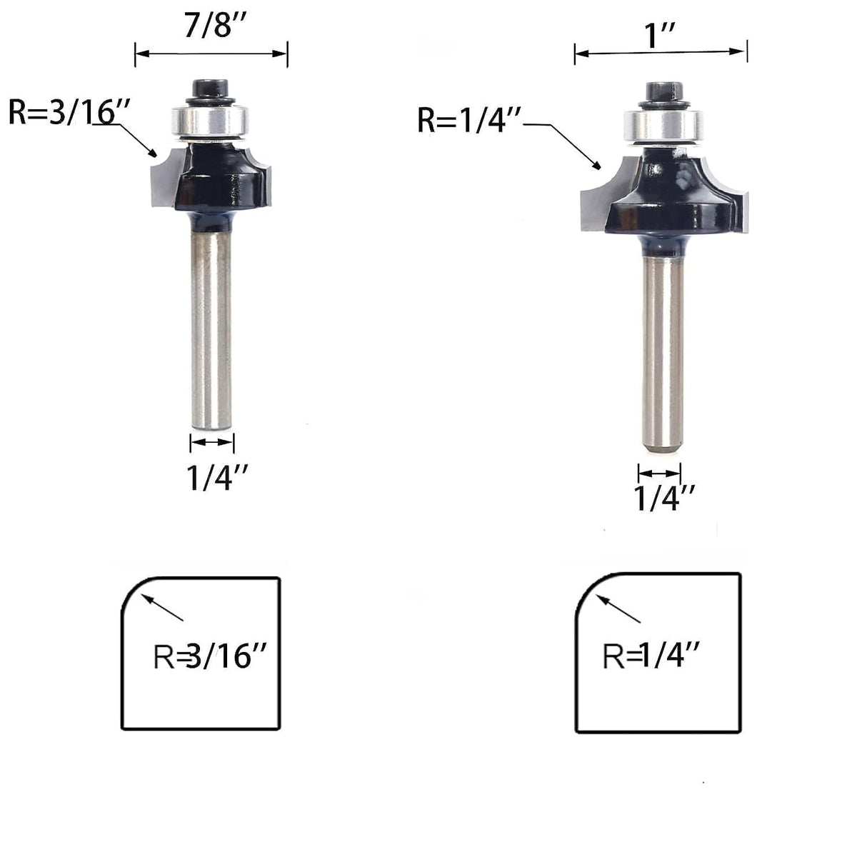 SICWOOD 6pcs Roundover Router Bit Set - Round Over Router Bits 1/4 Shank with 6 Bearings 3/8", Carbide Corner Rounding Edge-Forming Bit, for Round SICWOOD