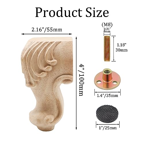 INKNOTE Solid Unfinished Wood Furniture Legs European Style Solid Wood Carving Furniture Replacement Feet for Sofa Cabinet Wardrobe Table Loveseat - WoodArtSupply