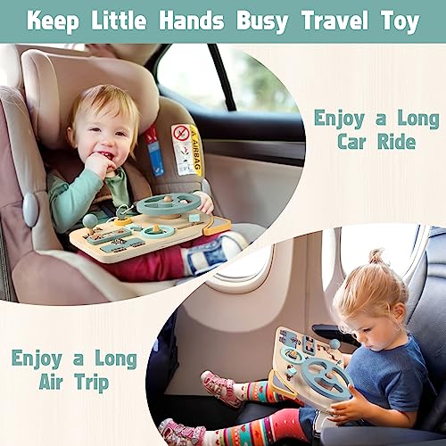 Montessori Busy Board Toy for Toddlers, Car Wooden Sensory Board Educational Toys with 10 Fine Activity Motor Skills, Driving Scene Travel Toys for - WoodArtSupply