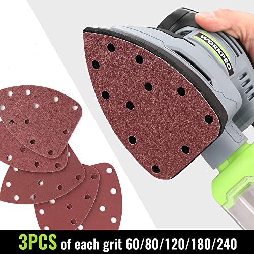WORKPRO Detail Sander, 13,000 OPM Compact Electric Sander with Dust Collector, 1.6Amp Power Sander with 15PCS Sanderpapers for Tight Spaces