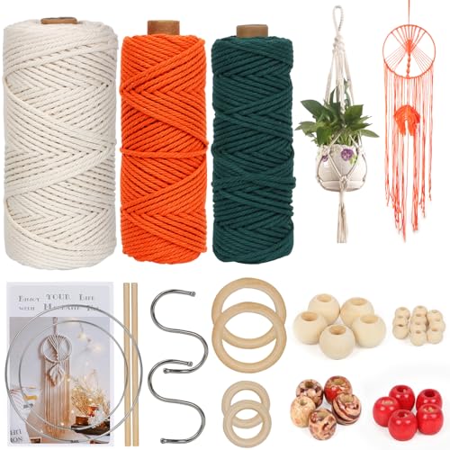 UHAPEER Macrame Kits for Adults Beginners, DIY Macrame Plant Hanger Kit and Macrame Supplies, with 3 mm Macrame Cord Cotton, Macrame Meads, Wooden UHAPEER
