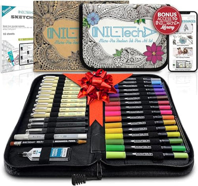 All-in-One Artist Drawing Pens Set -16 Dual Tip Brush Pens, 3 Calligraphy Pens, 10 Drawing Pens, Ruler, White Ink Pen, Mechanical Pencil, Sketch Pad