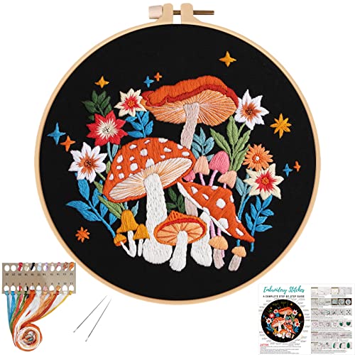 Louise Maelys Mushroom Embroidery Kits for Beginners with Art Night Pattern,Adults Starter Cross Stitch Kit DIY Needlepoint Kits - WoodArtSupply