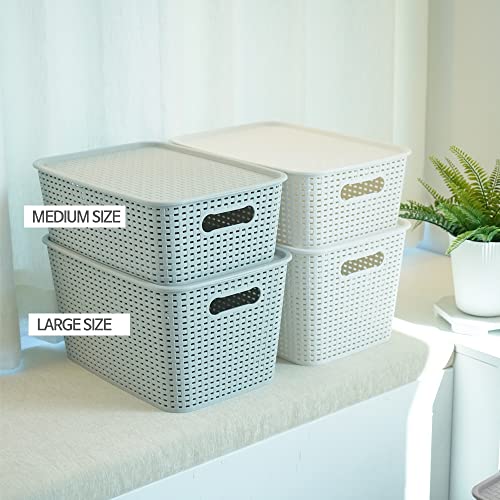 OLLIC Plastic Bins Large Storage with Lids | Korean Organizer Bin Basket Set for Organizing Baskets in Closet and Home (White, Large 4PK) OLLIC