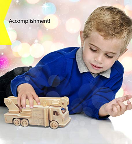 Puzzled 3D Puzzle Fire Engine Vehicle Wood Craft Construction Kit Fun & Educational DIY Wooden Toy Assemble Model Unfinished Crafting Hobby Fire Puzzled