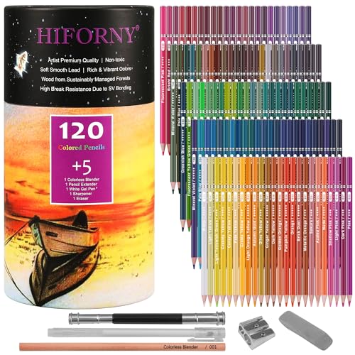 HIFORNY 125 Pack Colored Pencils Set for Adult Coloring,120 Colors Coloring Pencils with Extras,Artists Soft Core,Vibrant Color,Drawing Pencils Art - WoodArtSupply