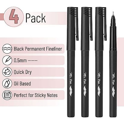 Mr. Pen- Black Fineliner Pens, 4 Pack, 0.5mm Fine Point Pens,Marker Pen for Transparent Sticky Notes, Fine Tip Markers, Fine Line Markers, Drawing - WoodArtSupply