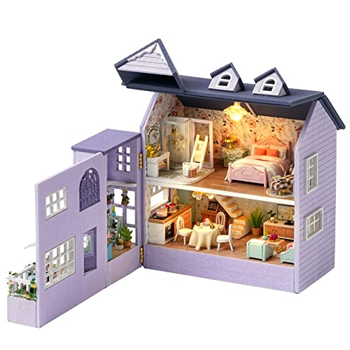 TuKIIE DIY Miniature Dollhouse Kit with Furniture, 1:32 Scale Creative Room Opened & Closed Mini Wooden Doll House for Kids Teens Adults(Happy House) - WoodArtSupply