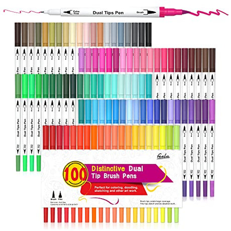 feela 100 Colors Dual Tip Brush Pens with Fineliners Art Markers, Watercolor Dual Brush Tip and Highlighters For Adult Coloring Books, Art, feela