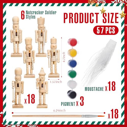 57 Pcs Christmas Unfinished Nutcracker Figures Set Include 18 Wooden Unpainted Nutcracker Soldier Ornament with Paint Brushes Beards and Paint Strips - WoodArtSupply